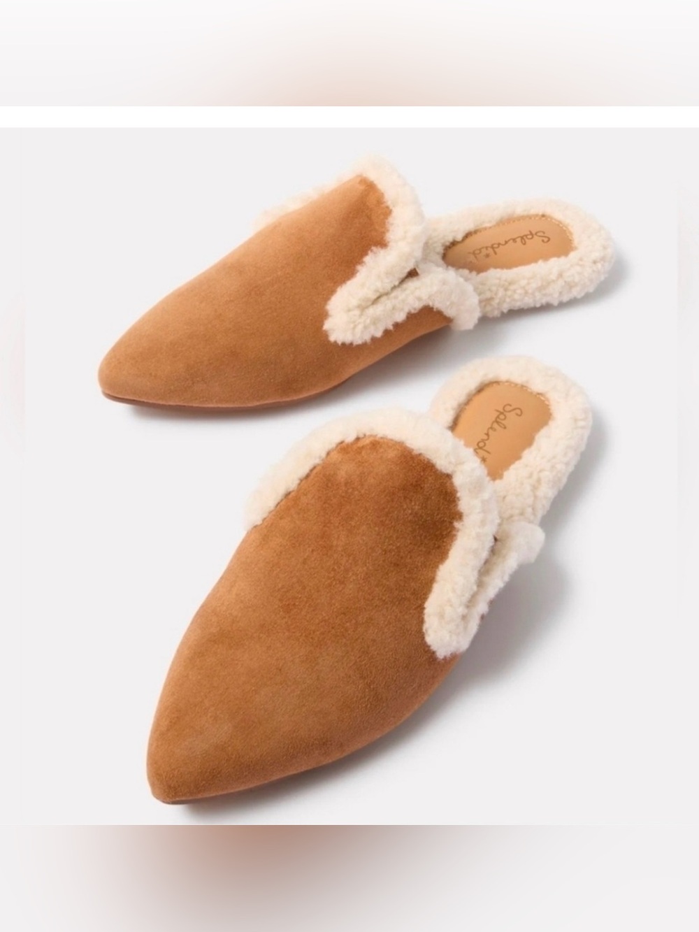 Splendid Chestnut Suede Shearling-Trim Mules